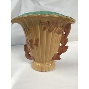 Red Wing Pottery Tan & Turquoise BrownLeaf Handled Fan Vase 1102 USA 8”Hx8”Lx5”W